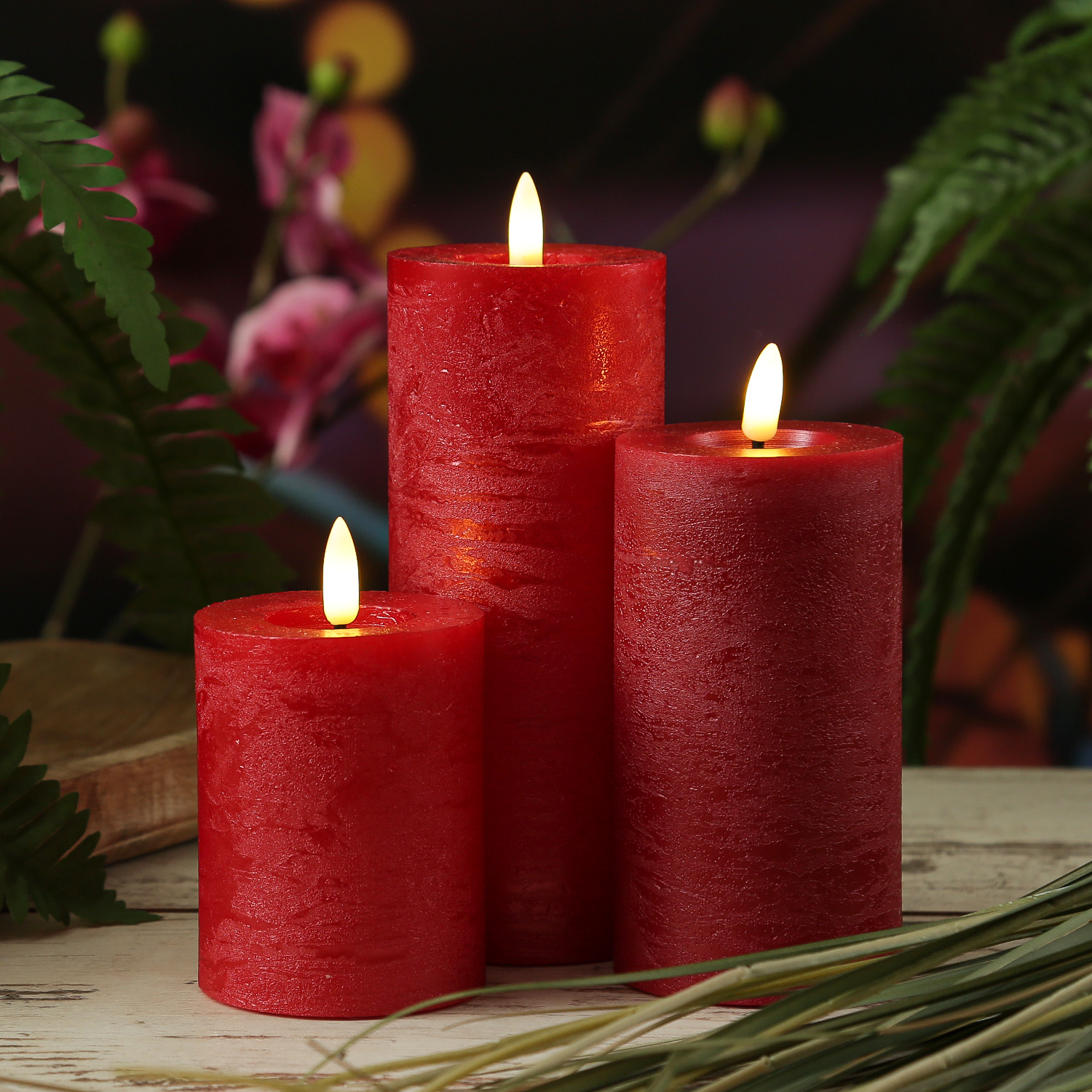 LED Kerze LINA - Rustik-Optik - Echtwachs - 3D Flamme - H: 20cm - D: 7cm - Batterie - Timer - rot