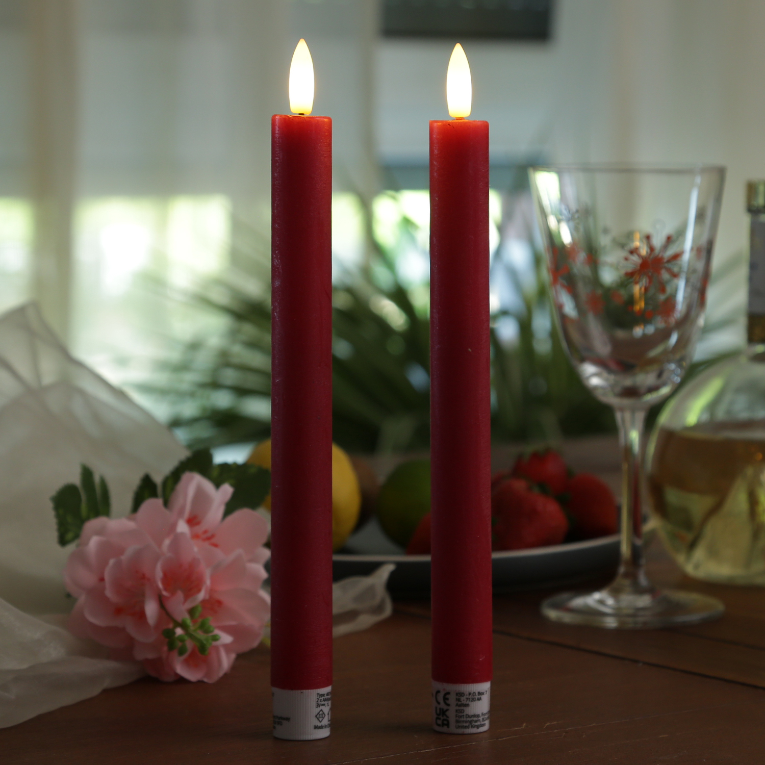 LED Stabkerzen LINA - Rustik-Optik - Echtwachs - 3D Flamme - H: 24cm - Timer - rot - 2er Set