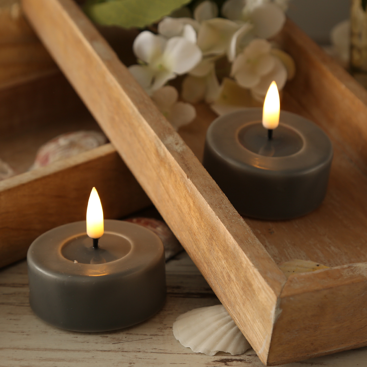 LED Teelichter MIA - Kunststoff - realistische 3D Flamme - D: 6,1cm - grau - 2 Stk. LED Teelichter MIA - Kunststoff - realistische 3D Flamme - D: 6,1cm - grau - 2 Stk.