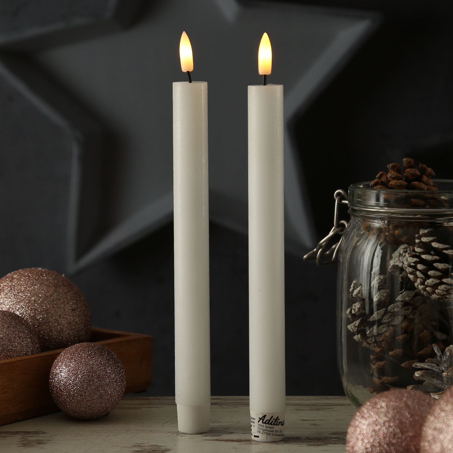 LED Stabkerzen LINA - Rustik-Optik - Echtwachs - 3D Flamme - H: 24cm - Timer - weiß - 2er Set