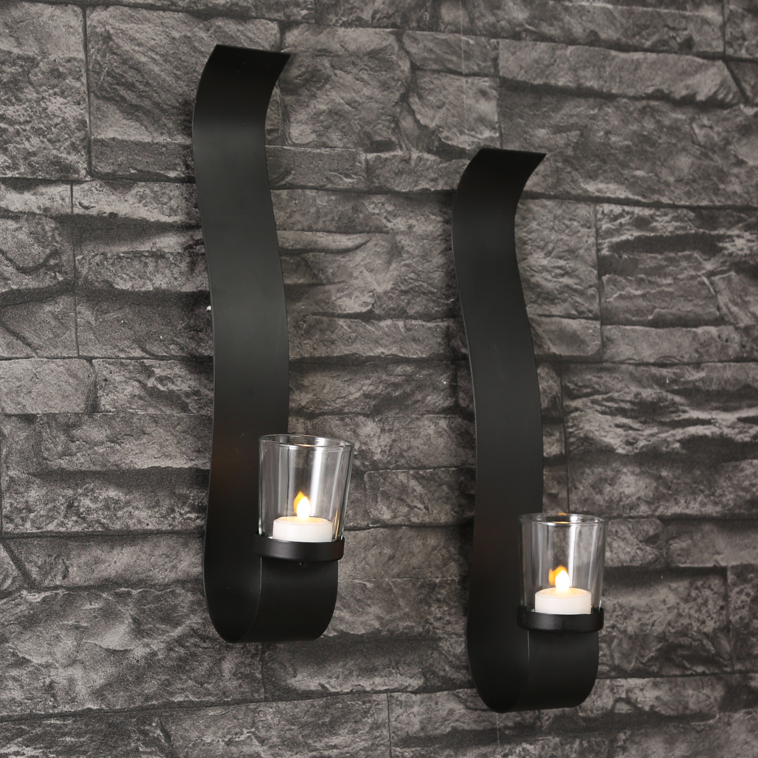 Wandkerzenhalter WAVE - mit Glasteelichthalter - Metall - H: 35cm -  schwarz - 2er Set