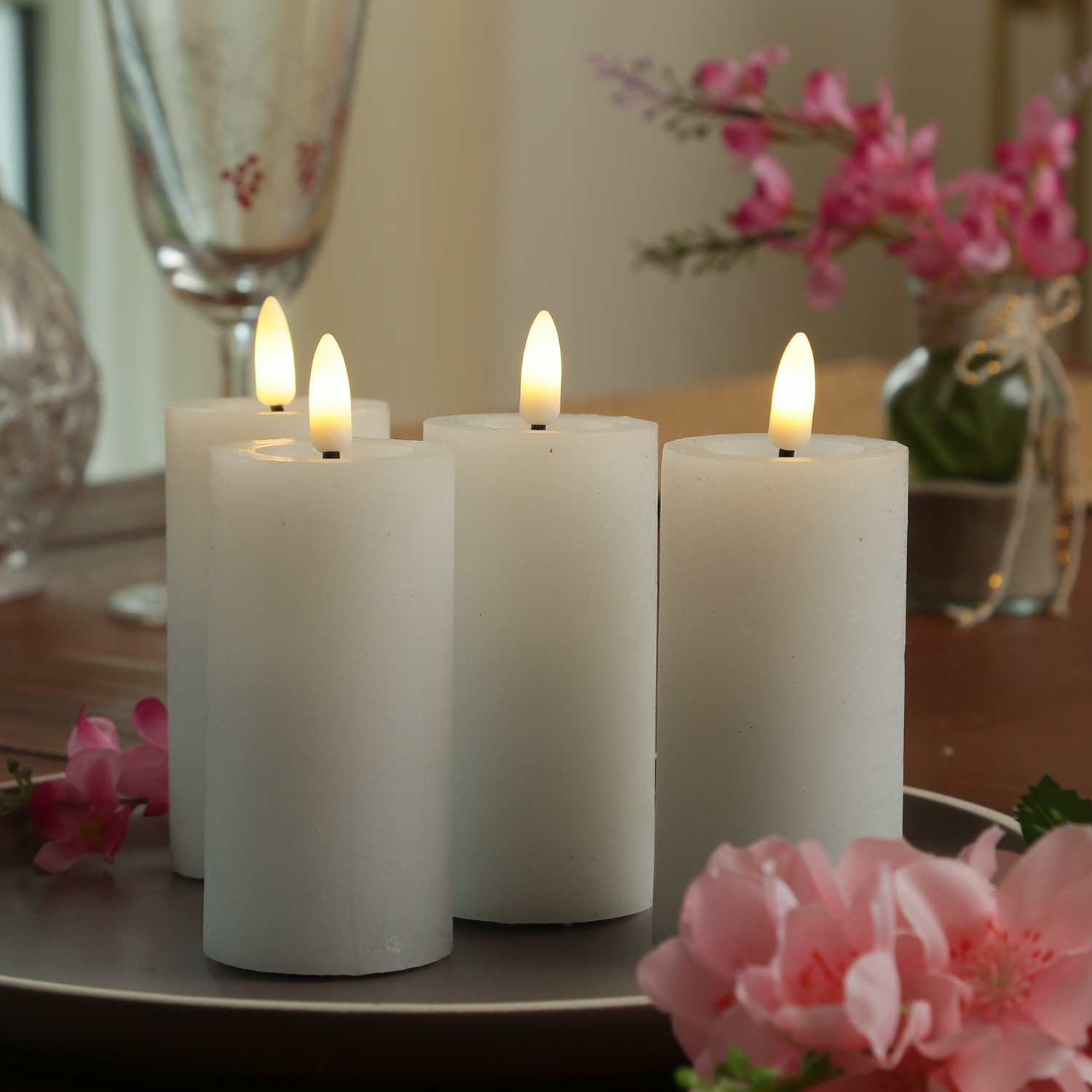 LED Kerzenset LINA - Rustik-Optik - Echtwachs - H: 12,5cm - D: 5cm - Timer - weiß - 4er Set