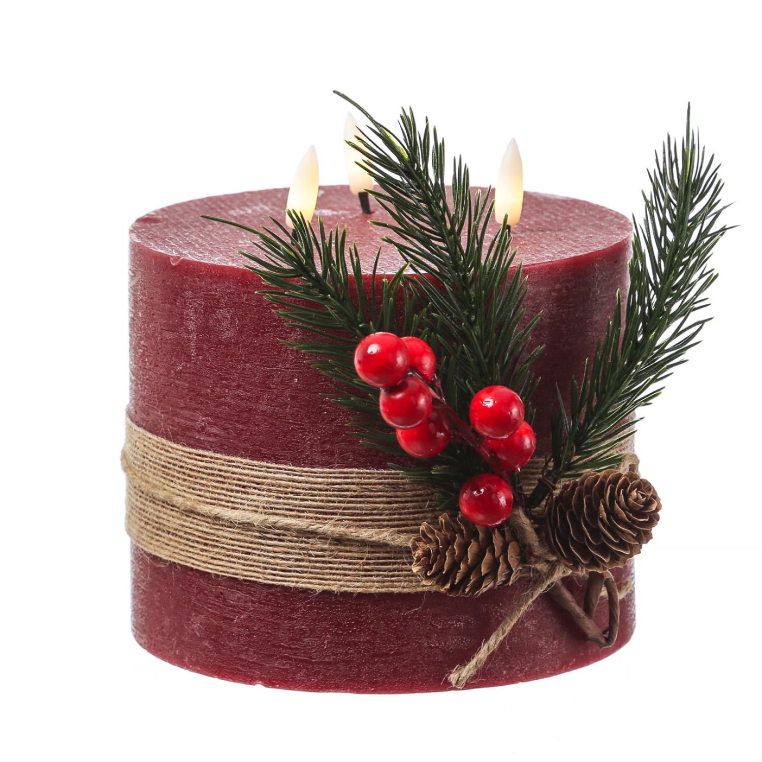 B-Ware XXL LED Kerze - 3-Docht - Echtwachs - Timer - H: 15cm D: 15cm - rot