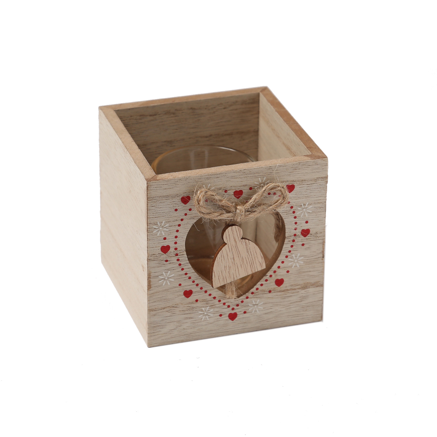 Teelichthalter MÜTZE IM HERZ - Windlicht - Holz - mit Glaseinsatz - H: 9cm - natur, rot Teelichthalter MÜTZE IM HERZ - Windlicht - Holz - mit Glaseinsatz - H: 9cm - natur, rot
