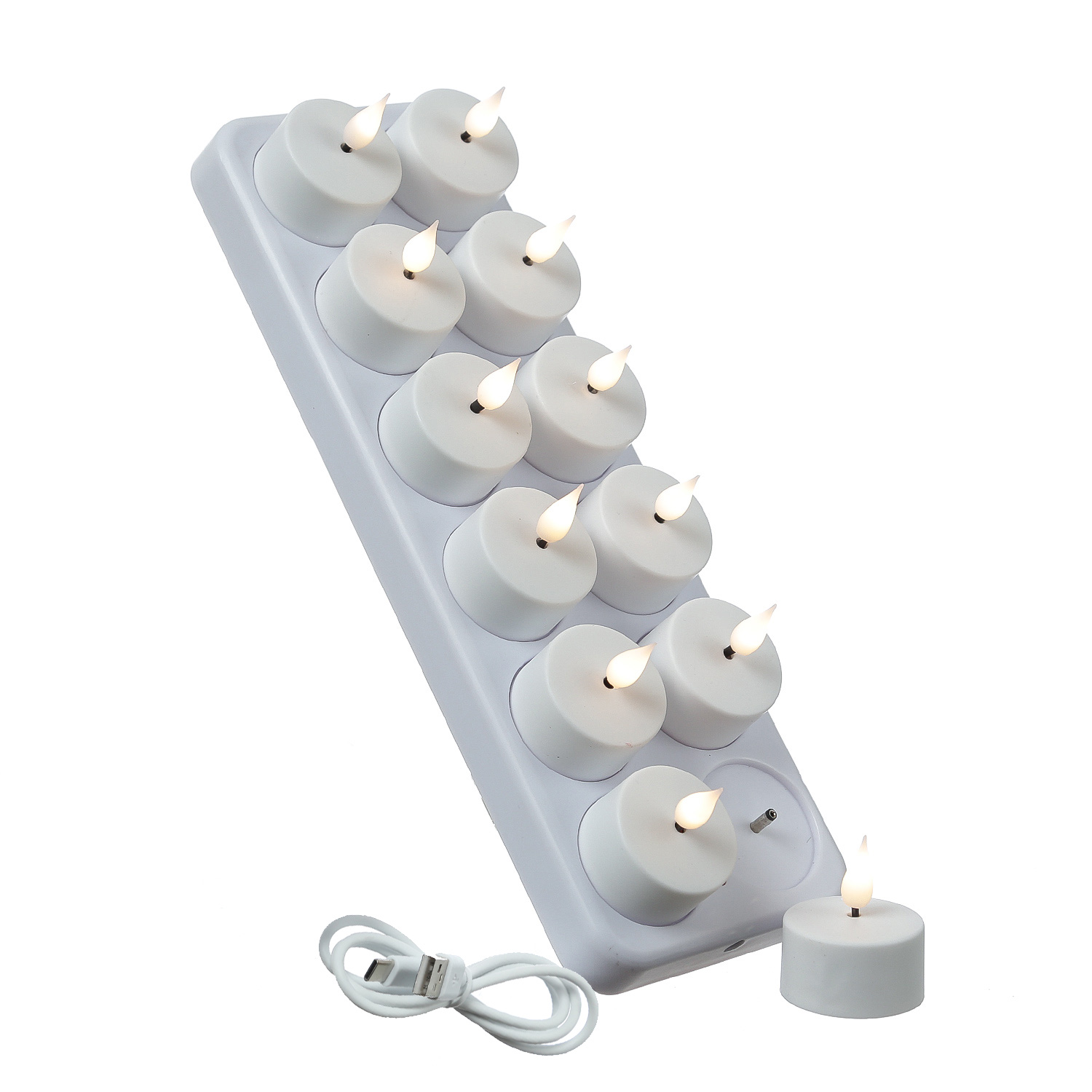 LED Teelichter - 12 wiederaufladbare LED Teelichter mit Ladestation - D: 4cm - flackernd - weiß