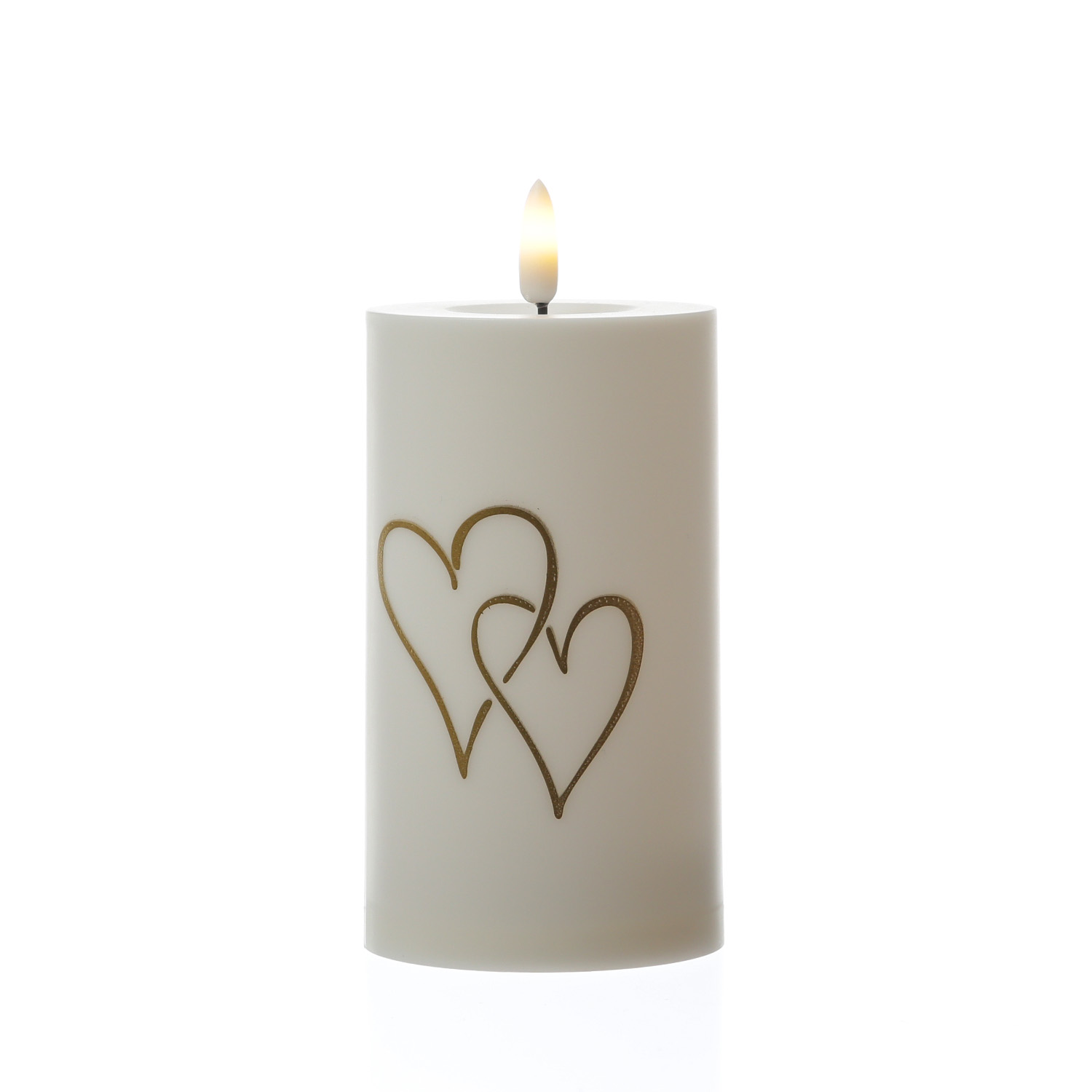 LED Kerze goldene Herzen - Kunststoff - H: 15cm - D: 7cm - Timer/Sensor - für Innen/Außen - weiß LED Kerze goldene Herzen - Kunststoff - H: 15cm - D: 7cm - Timer/Sensor - für Innen/Außen - weiß