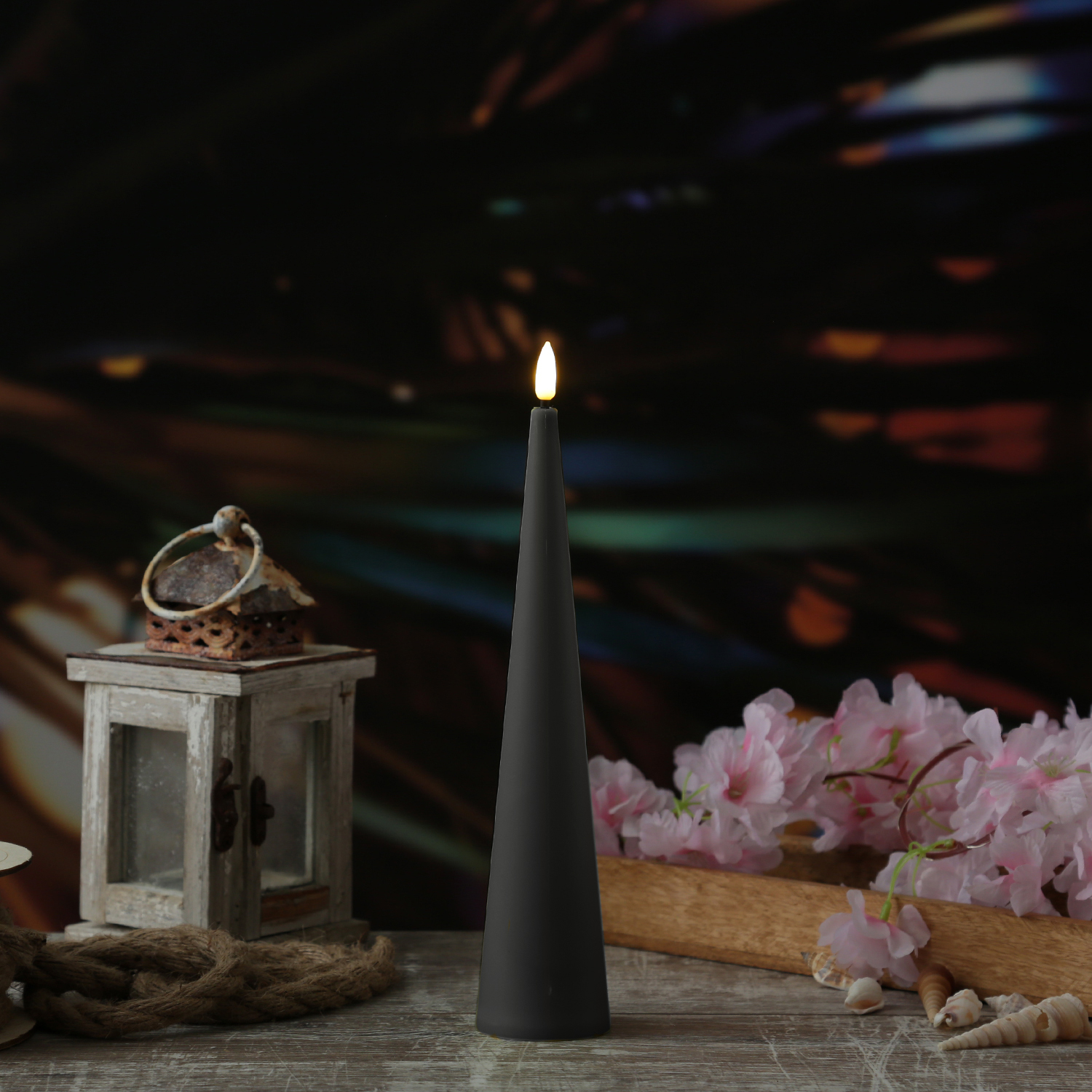 LED Kegelkerze - Kunststoff - realistische 3D Flamme - H: 25cm - Timer - für Außen - grau LED Kegelkerze - Kunststoff - realistische 3D Flamme - H: 25cm - Timer - für Außen - grau