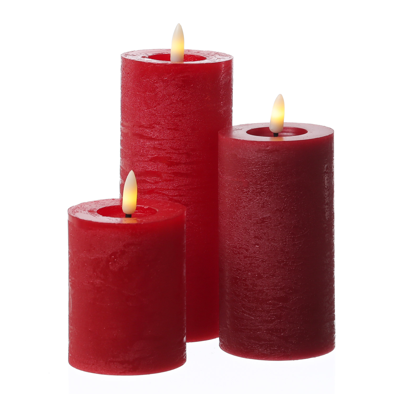 LED Kerze LINA - Rustik-Optik - Echtwachs - 3D Flamme - H: 15cm - D: 7cm - Timer - rot