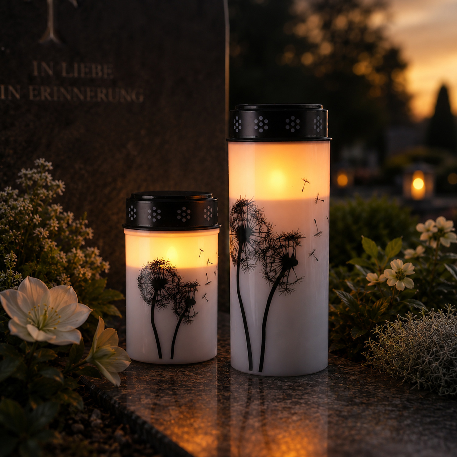 LED Grablichter/Grabkerzen Pusteblume - bis 2500 Stunden - H: 21cm/12cm, D: 7cm - Timer - 2er Set