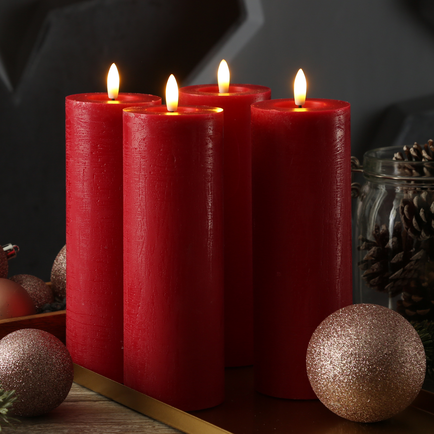 LED Kerzenset LINA - Rustik-Optik - Echtwachs - H: 20cm - D: 7cm - Timer - rot - 4er Set