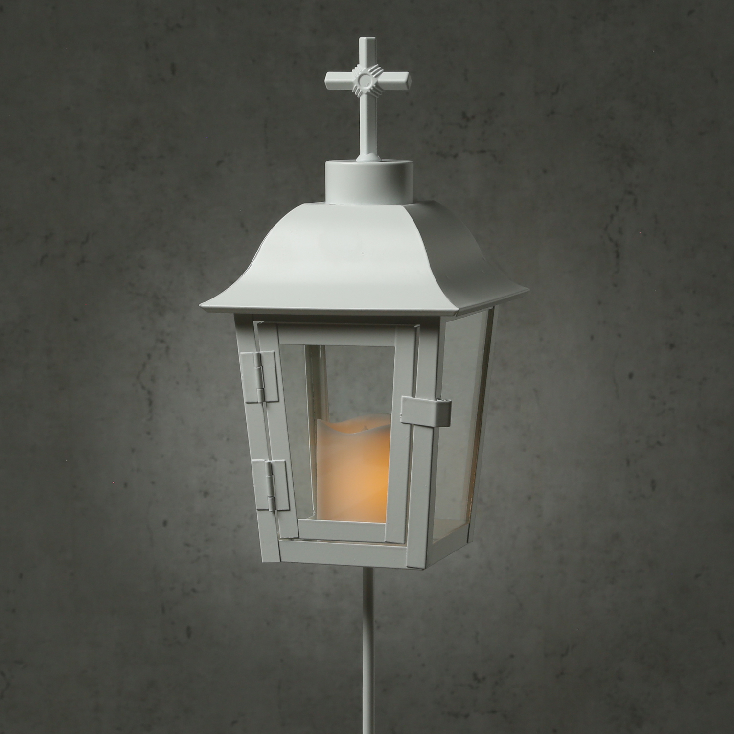 Grablaterne mit Mini LED Kerze - Grablampe mit 2 wechselbaren Spitzen/Erdspieß - H: 51cm - weiß