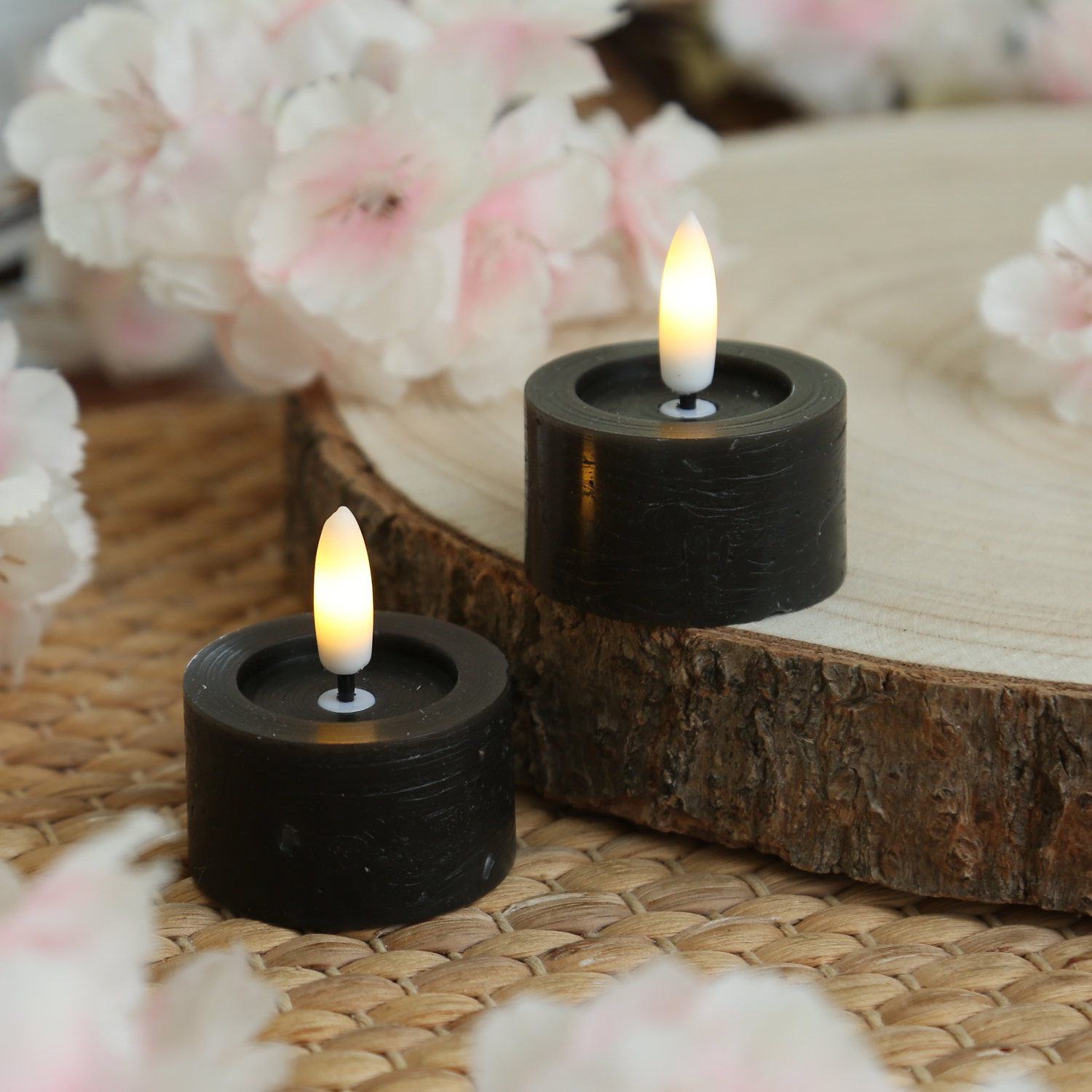 LED Teelichter LINA - Rustik-Optik - Echtwachs - Timer - mit Batterien - D: 4,5cm H: 5cm - 2St.
