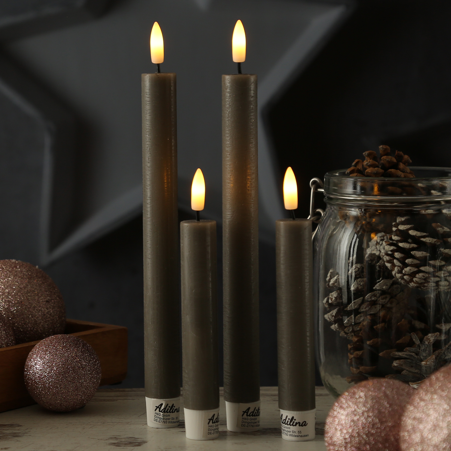 LED Stabkerzen LINA - Rustik-Optik - Echtwachs - 3D Flamme - H: 16cm - Timer - grau - 2er Set