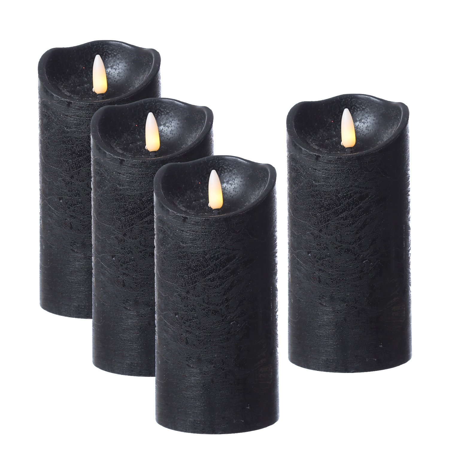 LED Stumpenkerzen RUSTIC - Echtwachs - warmweiße 3D Flamme - H: 15cm - Timer - schwarz - 4er Set