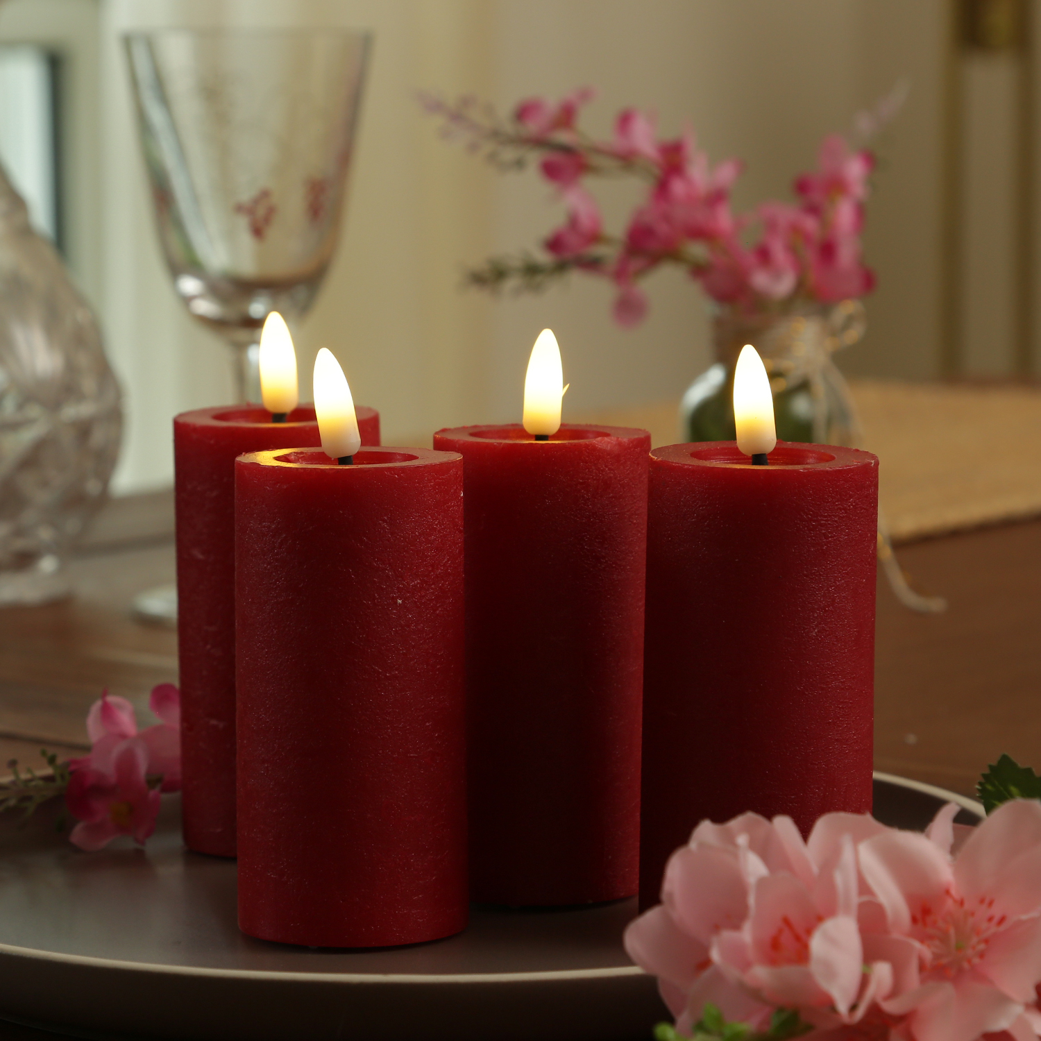 LED Kerze LINA - Rustik-Optik - Echtwachs - 3D Flamme - H: 12,5cm - D: 5cm - Timer - rot