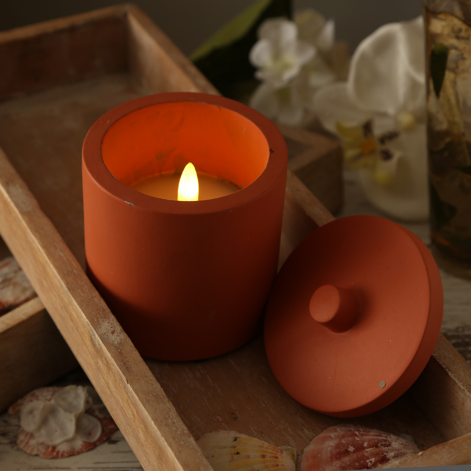 LED Kerzen im Topf - mit Deckel - Betonoptik - Timer - H: 10cm D: 8cm - terracotta - 3er Set