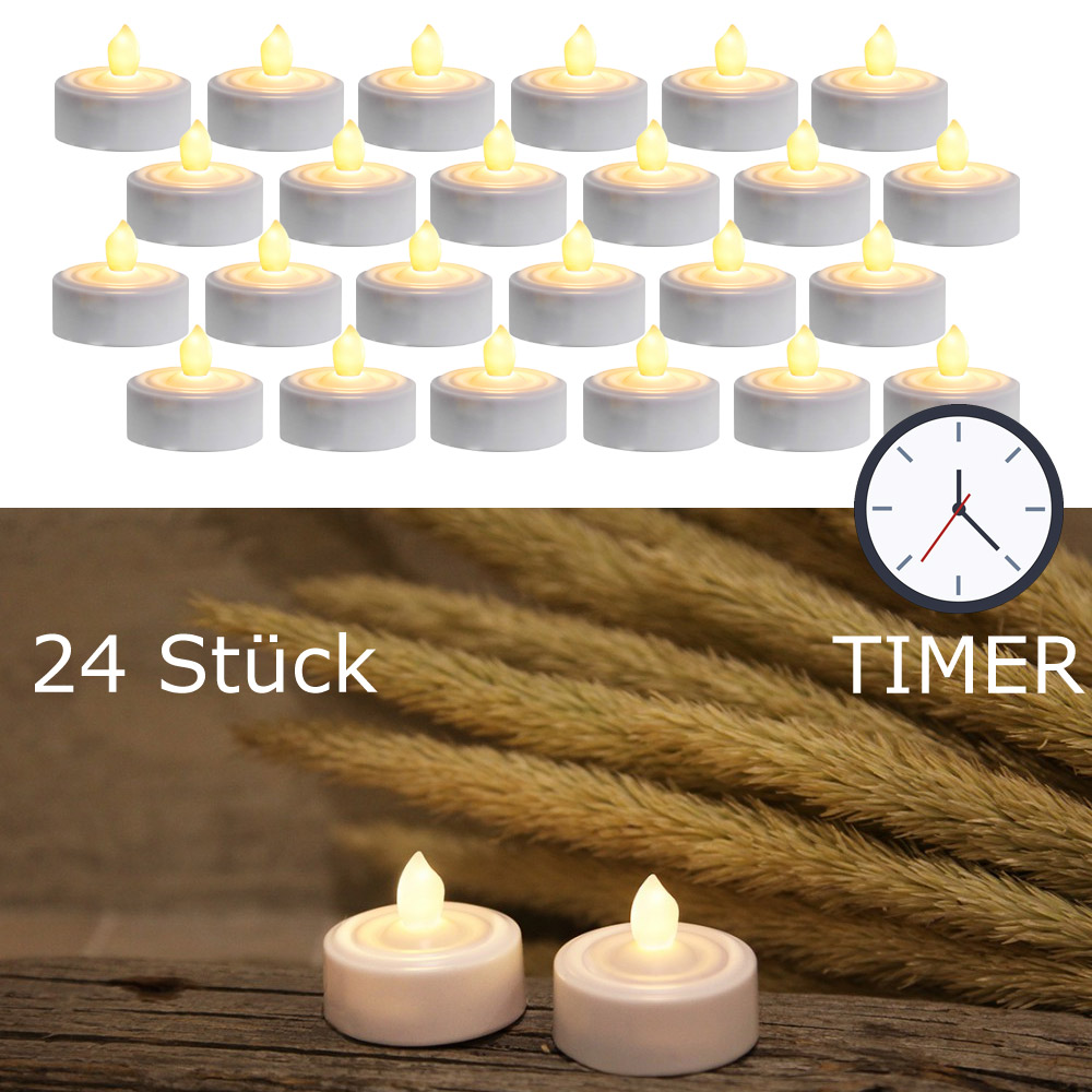 LED Teelicht 24er Set "Paulo" - warmweiße flackernde Flamme - Batteriebetrieb - Timer - H: 2,9cm LED Teelicht 24er Set "Paulo" - warmweiße flackernde Flamme - Batteriebetrieb - Timer - H: 2,9cm