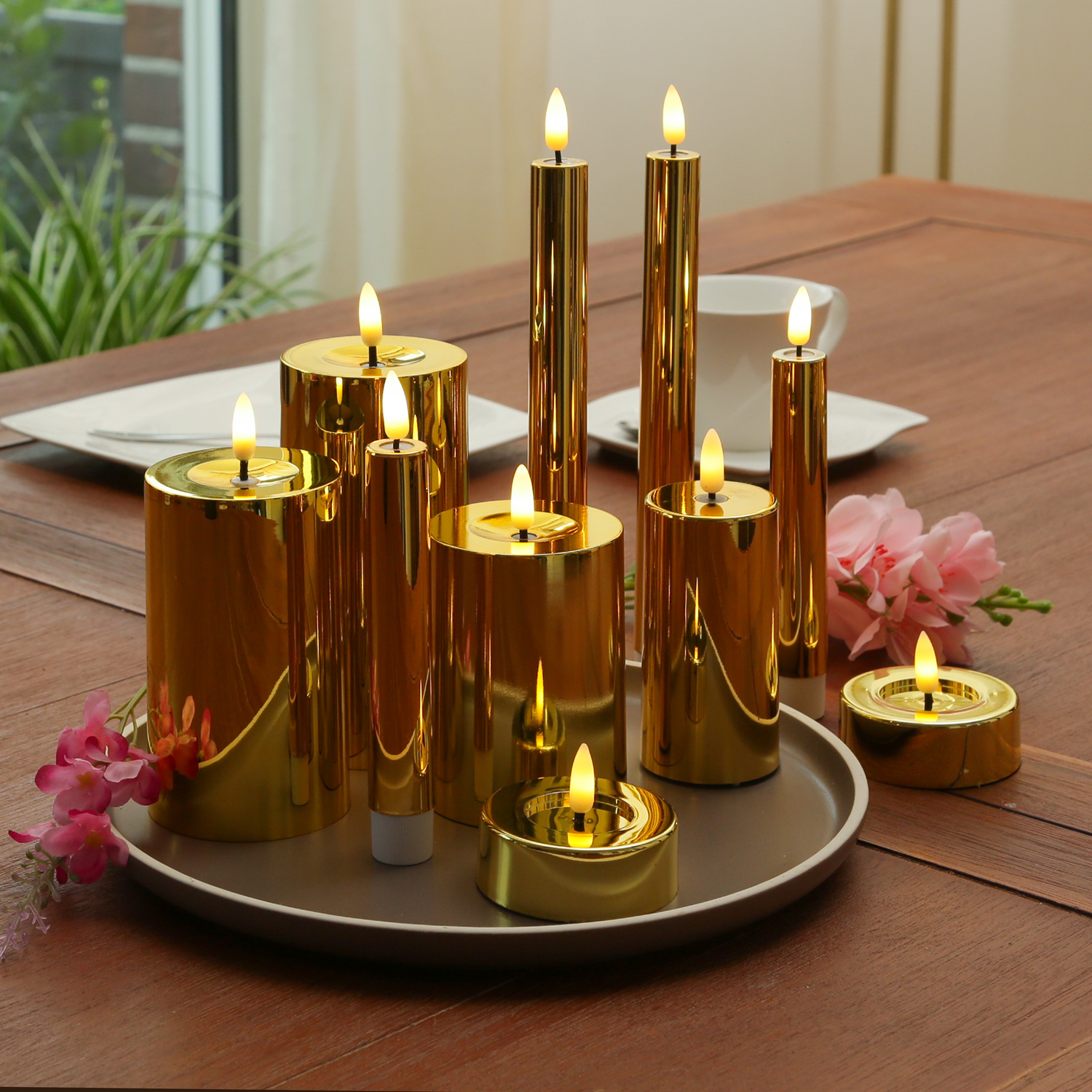 LED Maxi Teelichter - Kunststoff - D: 6,5cm - H: 5cm - Timer - gold glänzend - 2er Set