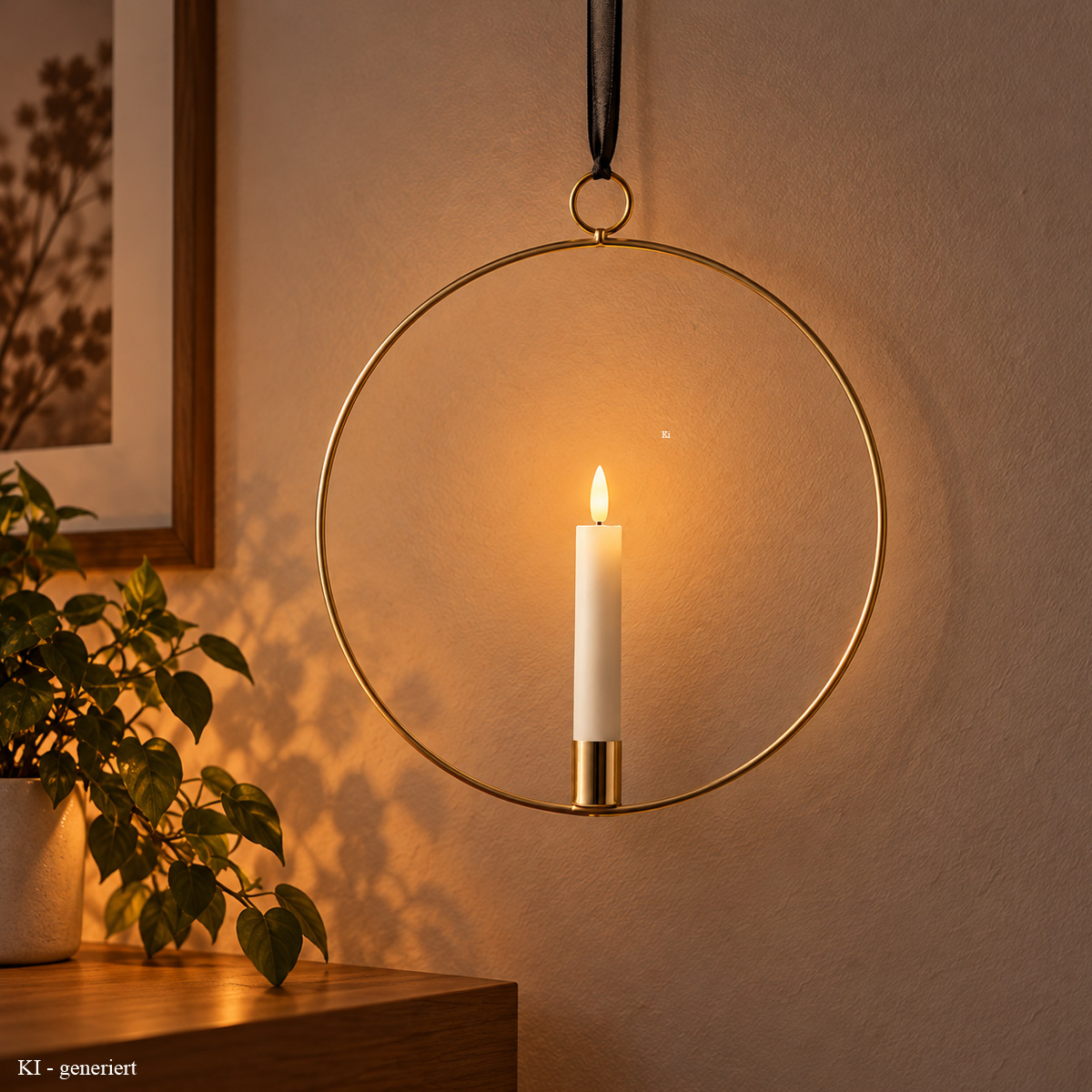 Dekoring mit LED Kerze - Fensterdeko zum Hängen - D: 28,5cm - Timer - Batterie - gold