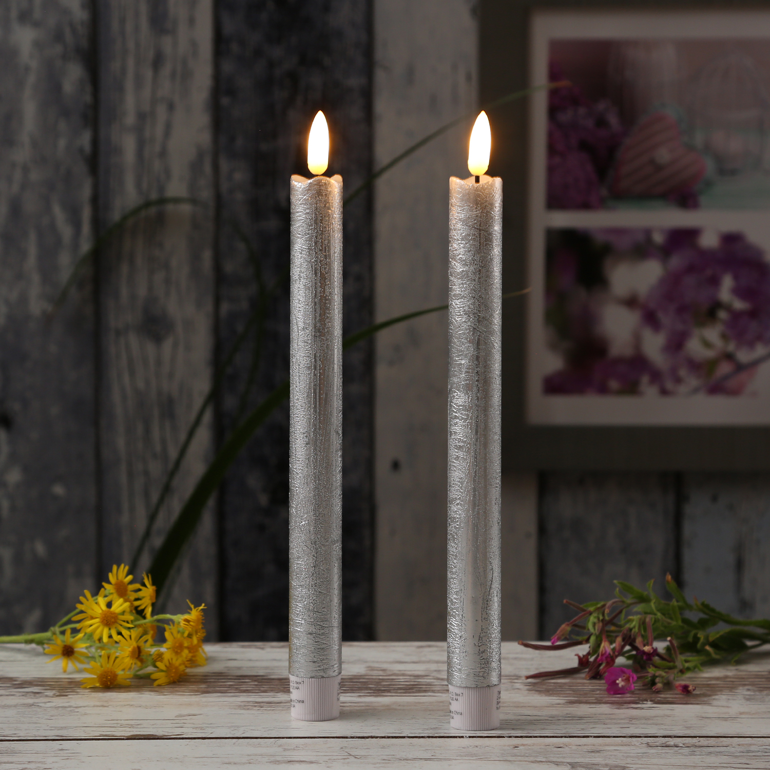LED Stabkerzen Flamme - Echtwachs - flackernde warmweiße LED - H: 25cm - Timer - silber - 2er Set