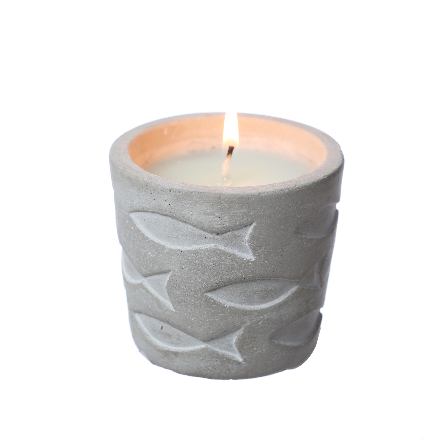 Duftkerze CITRONELLA - Echtwachs in Betontopf - Fischmuster - H: 7cm - gegen Stechmücken - hellblau