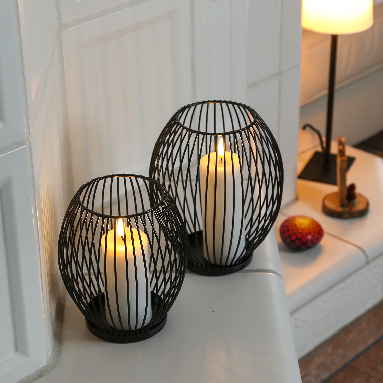 Drahtkerzenhalter - Windlicht - Dekoration - Metall - H: 18cm - H: 15,5cm - schwarz - 2er Set Drahtkerzenhalter - Windlicht - Dekoration - Metall - H: 18cm - H: 15,5cm - schwarz - 2er Set