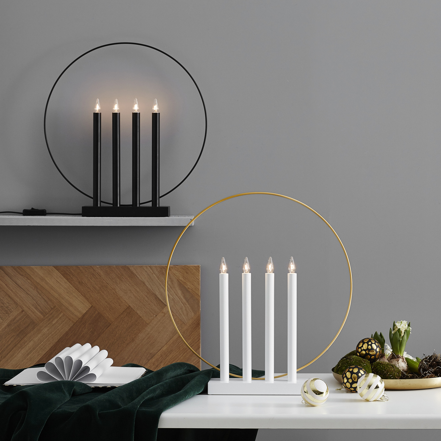 Fensterleuchter "Glory" - 4flammig - warmweiße Glühlampen - H: 45cm - Schalter - Weiß/Gold Fensterleuchter "Glory" - 4flammig - warmweiße Glühlampen - H: 45cm - Schalter - Weiß/Gold