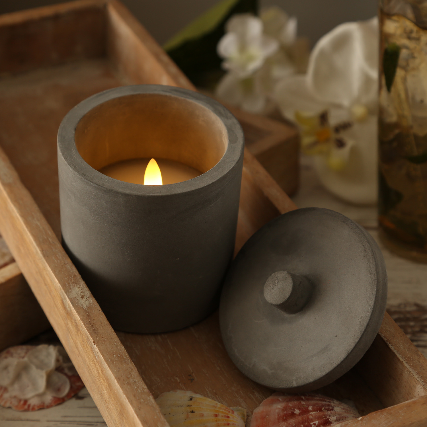 LED Kerzen im Topf - mit Deckel - Betonoptik - Timer - H: 10cm D: 8cm - grau - 3er Set LED Kerzen im Topf - mit Deckel - Betonoptik - Timer - H: 10cm D: 8cm - grau - 3er Set