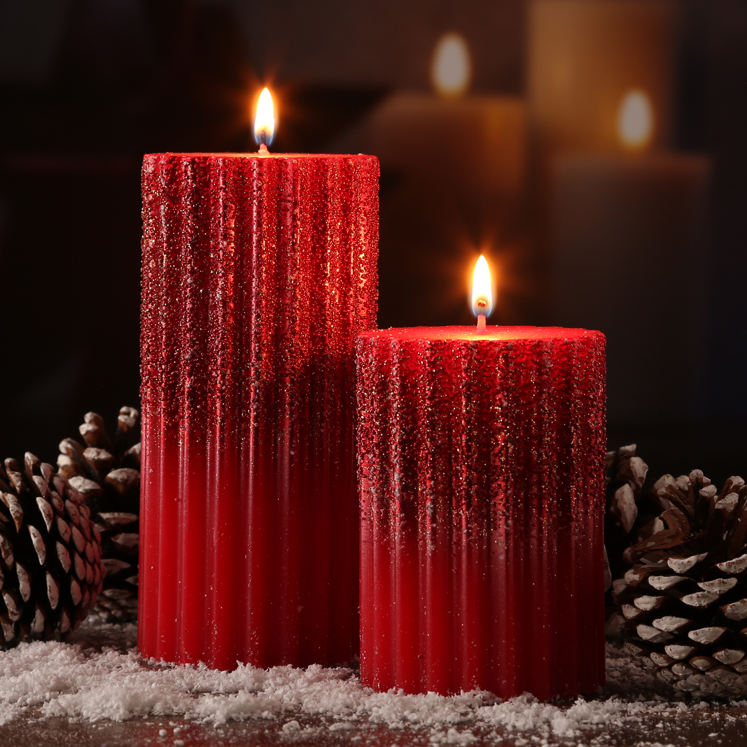 Stumpenkerze - Goldglitzer - geriffelt - H: 10cm, 15cm - rot - 2er Set