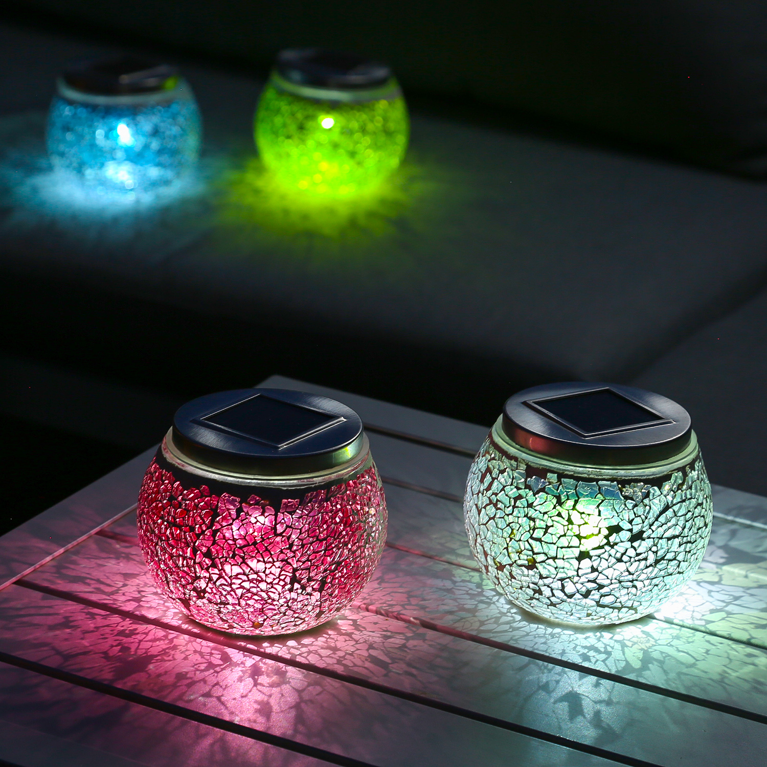 LED Solar Windlicht - Mosaik Glas - Lichtsensor - H: 10cm - Outdoor - blau