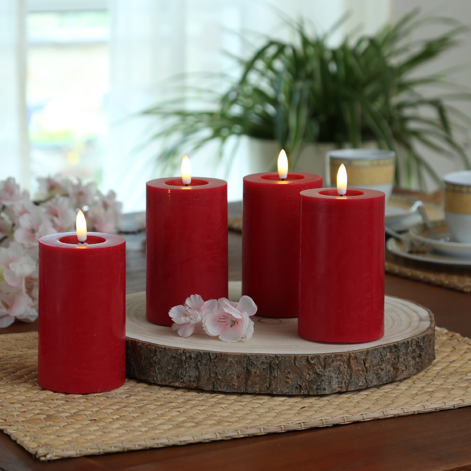 LED Kerzenset LINA - Rustik-Optik - Echtwachs - H: 11cm - D: 7cm - Timer - rot - 4er Set