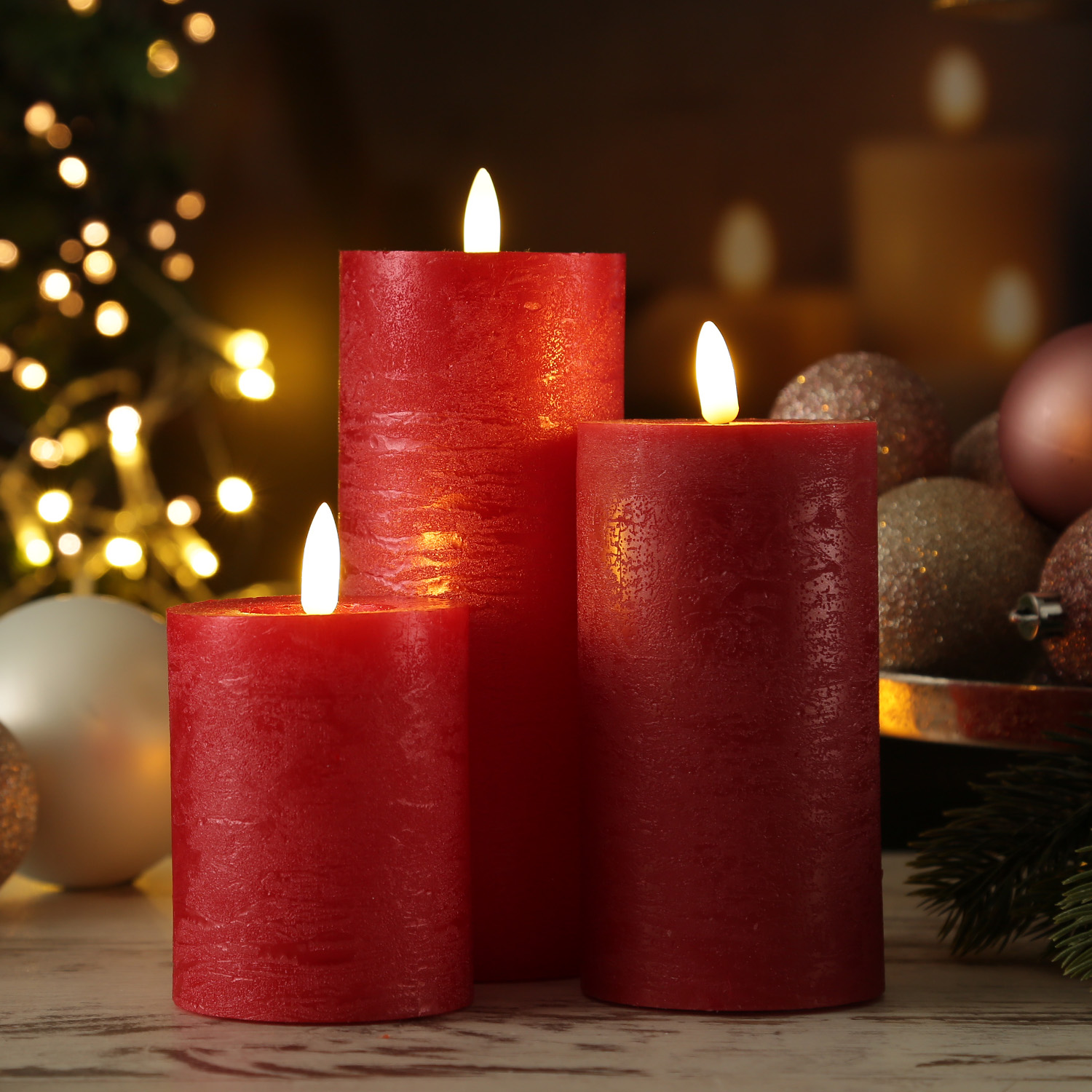 LED Kerze LINA - Rustik-Optik - Echtwachs - 3D Flamme - H: 11cm - D: 7cm - Batterie - Timer - rot