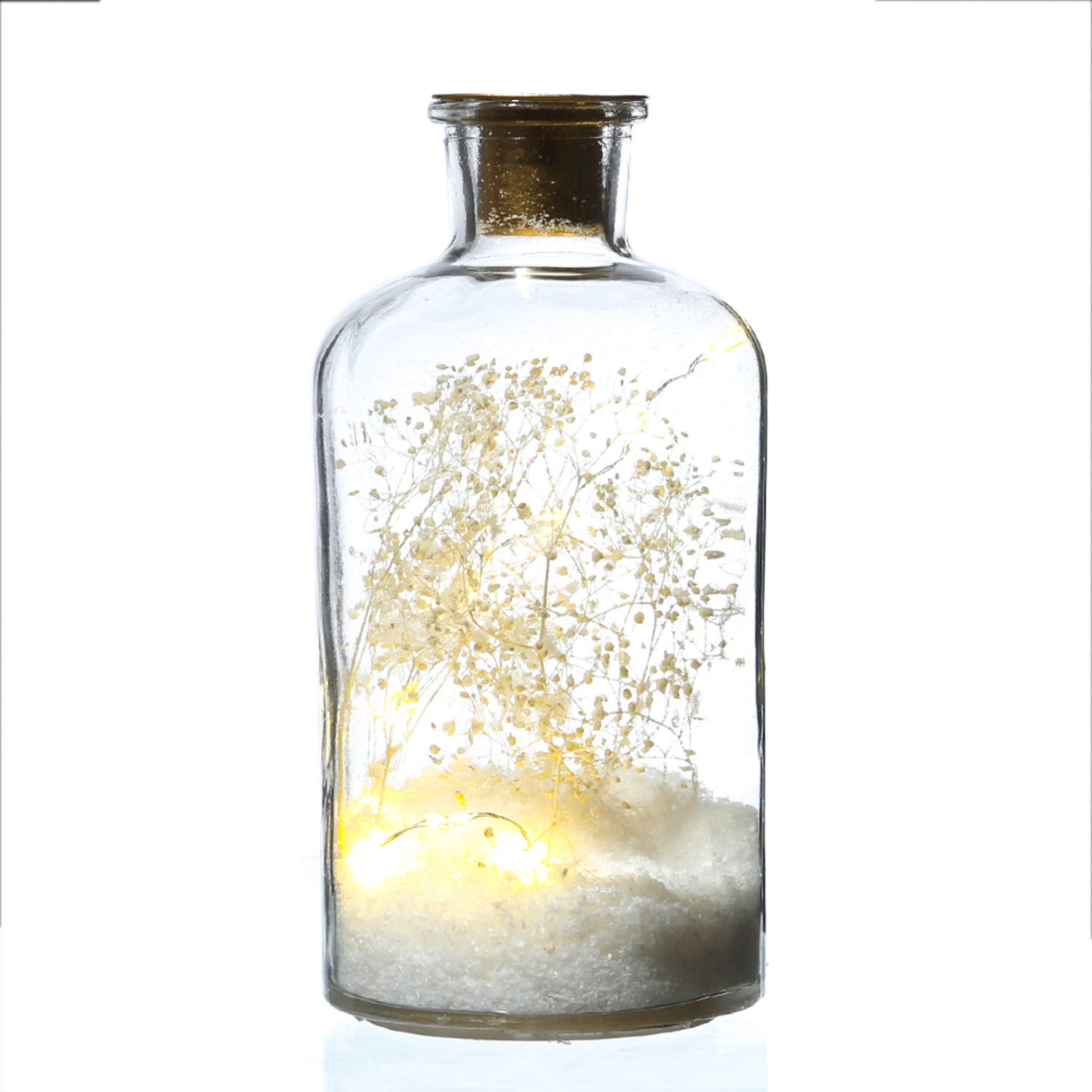 LED Dekoglas Trockenblumen im Schnee - Stabkerzenhalter - 10 warmweiße LED - H: 16cm - Timer LED Dekoglas Trockenblumen im Schnee - Stabkerzenhalter - 10 warmweiße LED - H: 16cm - Timer