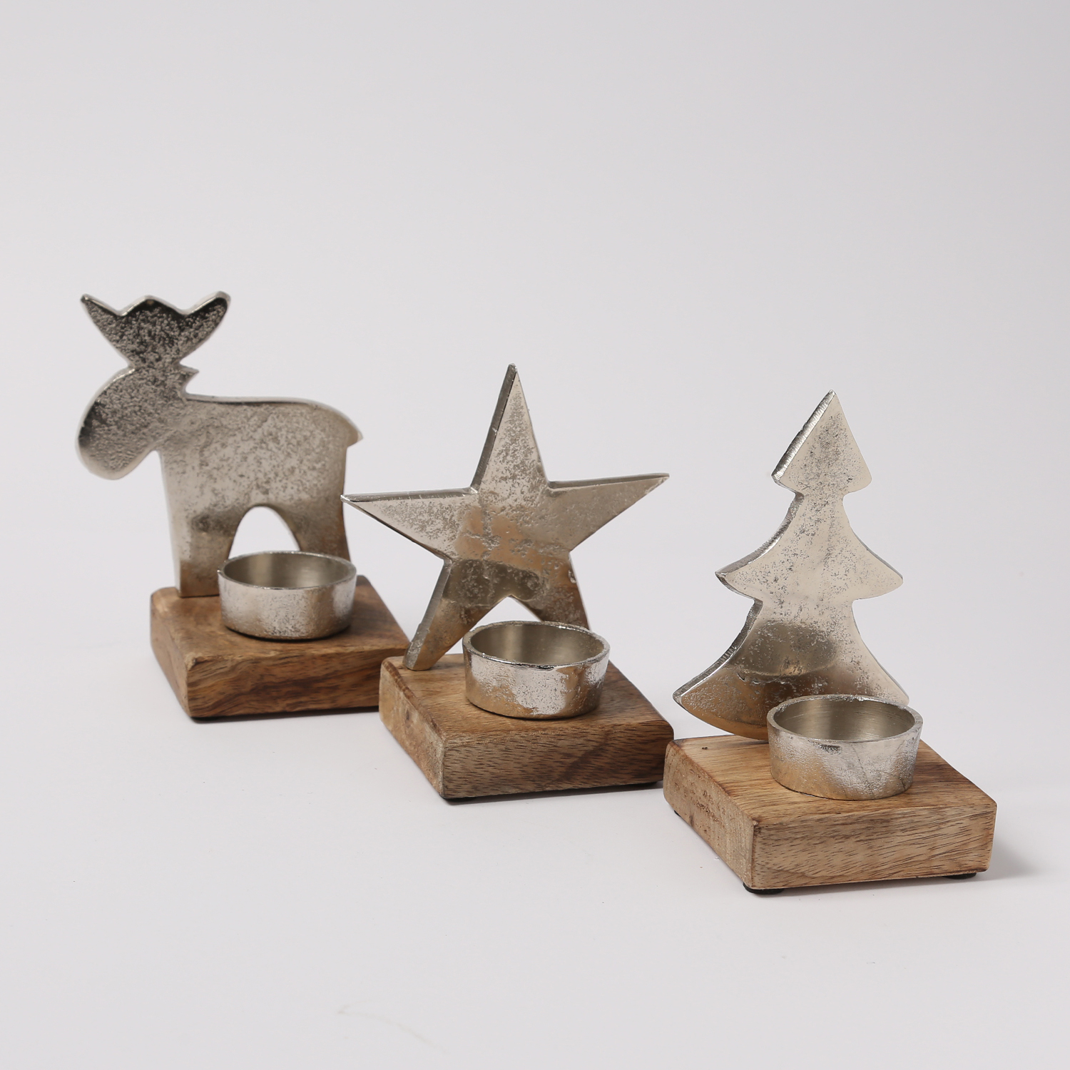 Teelichthalter - Stern, Baum und Hirsch - Aluminium - Mangoholzsockel - natur, silber - 3er Set