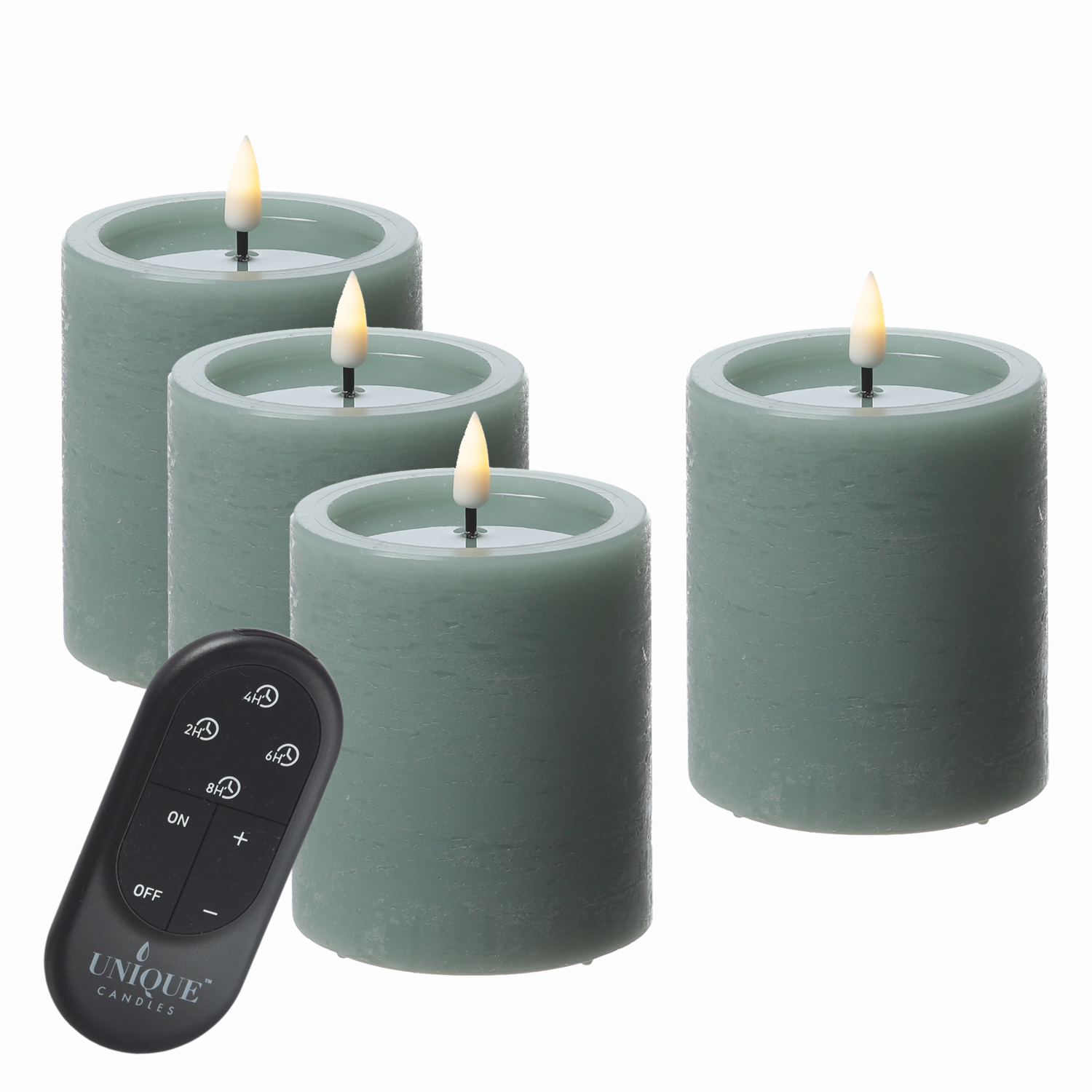 LED Kerzenset UNIQUE - Rustik-Optik - H: 10cm - mit Batterien und Fernbedienung - grün - 4er Set LED Kerzenset UNIQUE - Rustik-Optik - H: 10cm - mit Batterien und Fernbedienung - grün - 4er Set