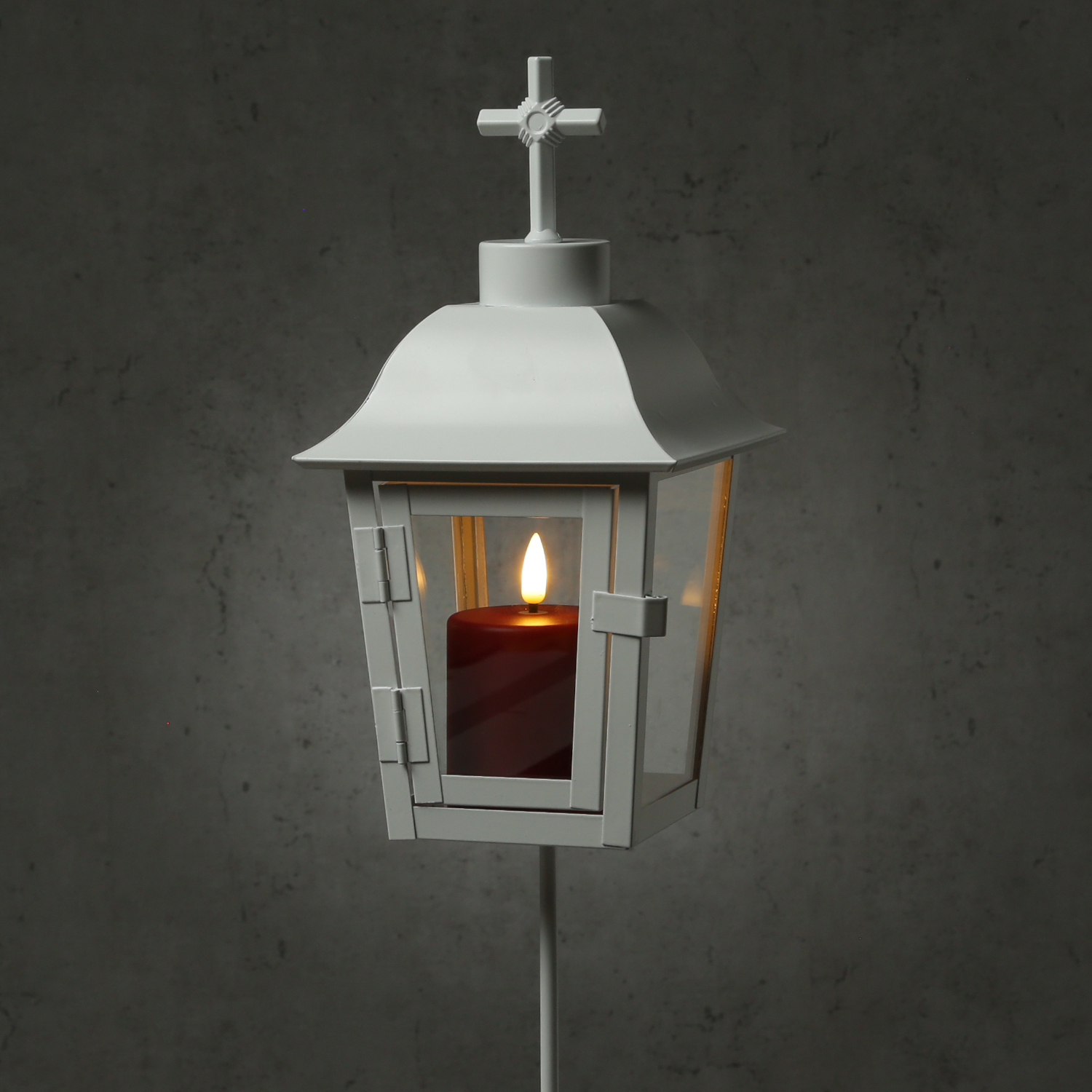 Grablaterne mit Mini LED Kerze - Grablampe mit 2 wechselbaren Spitzen/Erdspieß - H: 51cm - weiß