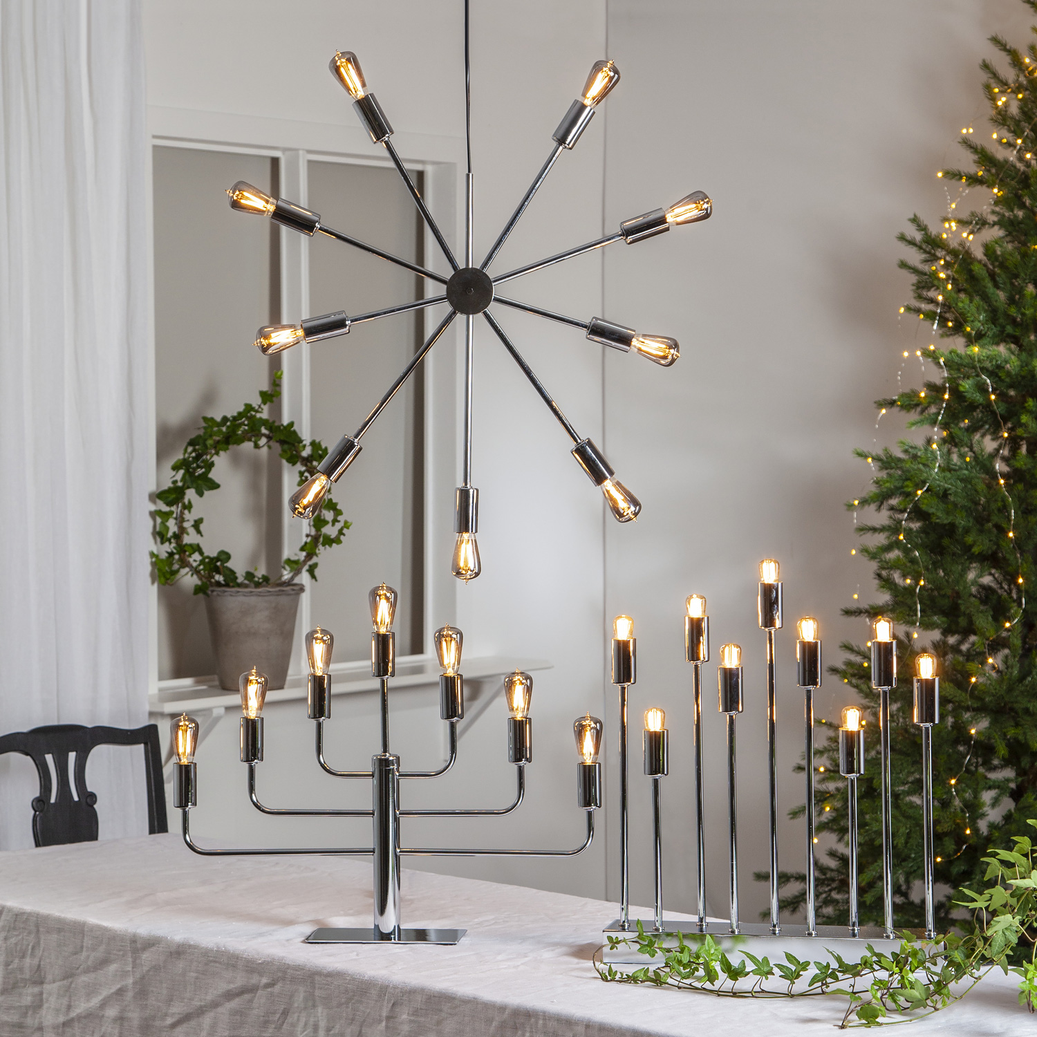 Tischleuchte Pix - Fensterleuchter - 9-flammig - E14 Fassung - H: 50cm, L: 42cm - Schalter - silber Tischleuchte Pix - Fensterleuchter - 9-flammig - E14 Fassung - H: 50cm, L: 42cm - Schalter - silber