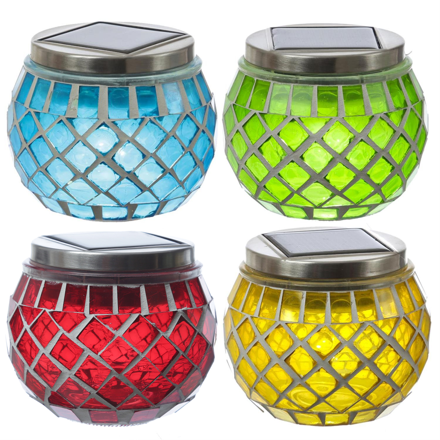 LED Solar Windlichter - Mosaik Solargläser - Lichtsensor - H: 9cm - für Außen - bunt - 4er Set LED Solar Windlichter - Mosaik Solargläser - Lichtsensor - H: 9cm - für Außen - bunt - 4er Set