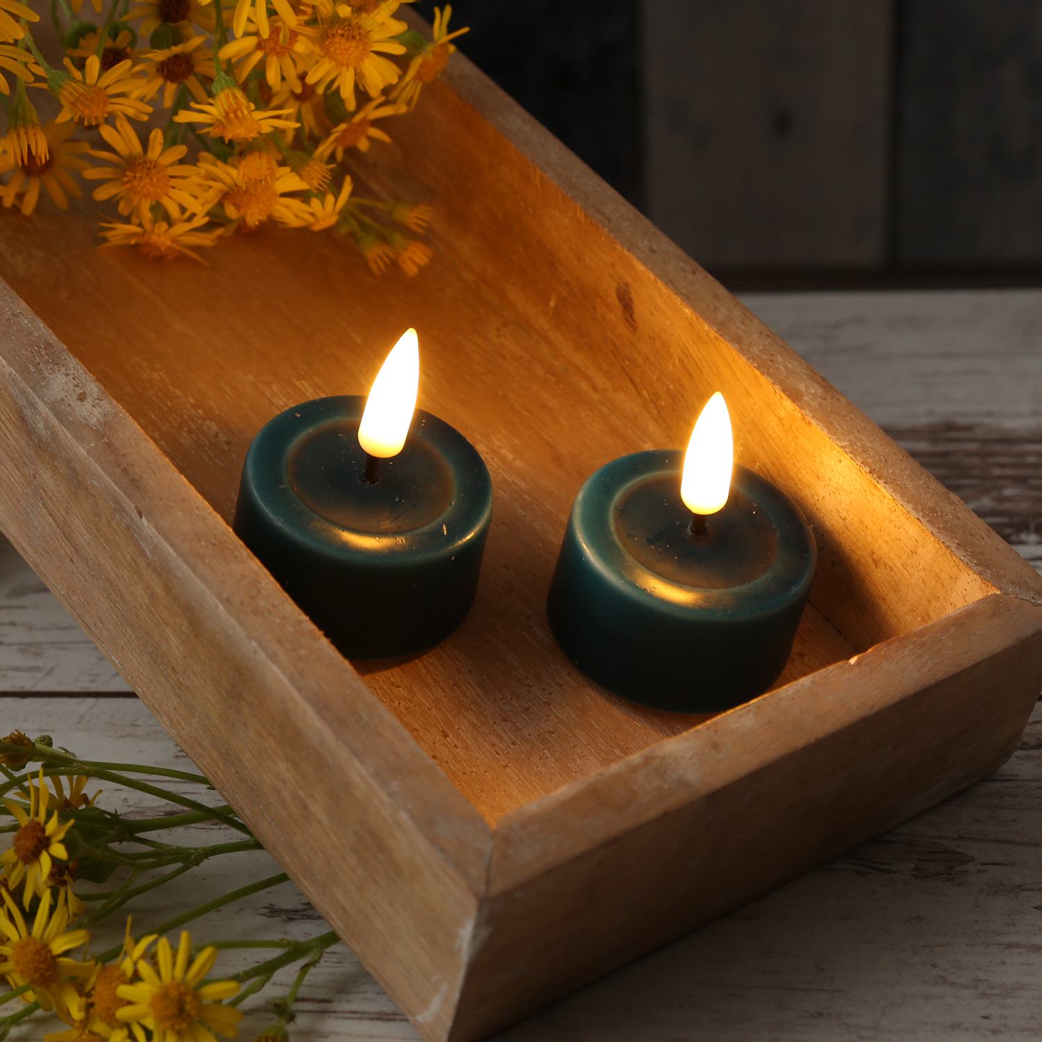 LED Teelichter MIA - Kunststoff - realistische 3D Flamme - D: 4,1cm - petrol - 2 Stk. LED Teelichter MIA - Kunststoff - realistische 3D Flamme - D: 4,1cm - petrol - 2 Stk.